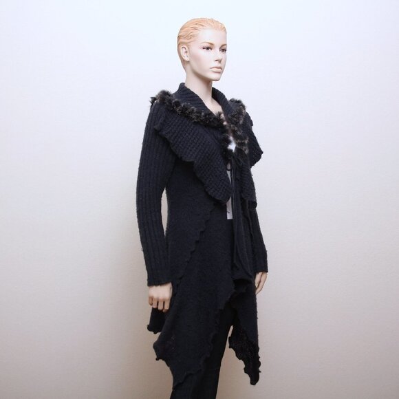 Cecice Faux Fur Tie Open Drape Cardigan Blue Women Size L - Picture 1 of 10